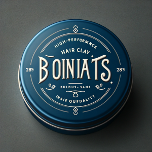 A round, blue container of "boiniats" hair clay with elegant white and beige typography, featuring "About Us," "high-performance," and "hair quality" against a textured gray background.