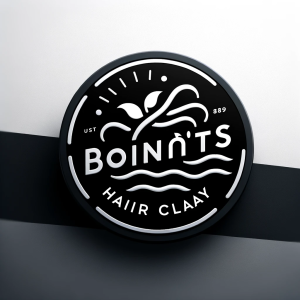 Round black container with a stylized logo reading "boinits hair clay," featuring wave and sunbeam designs, resting on a black and white surface.