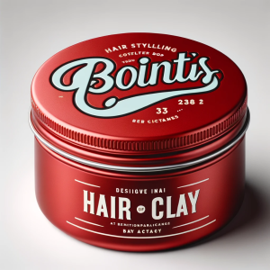 A red, round tin of "bounti's hair of clay" hair styling product, featuring vintage-style typography and design elements in white and black.