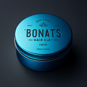 A tightly sealed, circular blue tin of "bonats hair clay" with stylized white and teal text, highlighting the brand and product details, set against a dark grey background.