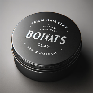 A sleek black container of primium hair clay labeled "boinats" in bold, lowercase white text, against a soft gray background.