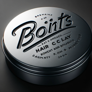 A sleek, metallic tin labeled "About Us hair clay" in stylish embossed typography, placed on a reflective surface with a soft shadow under it.