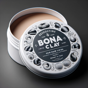 A round, open tin of bona clay hair wax with ornate black and white designs on the lid, displayed on a dark gray background. The product is targeted for hairstyling. About us