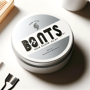 A top view of a bonts hair clay container and a wooden comb on a light surface, highlighting the sleek design and product details of the hair styling clay.