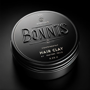 A sleek, circular black metal tin of "bonnets hair clay" with embossed silver text detailing the product contents, presented on a dark background.